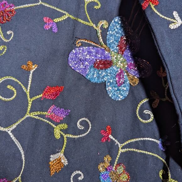 Vtg Y2K Quacker Factory Black Floral Butterfly Embroidered Bead Cotton Jacket M - Picture 3 of 5